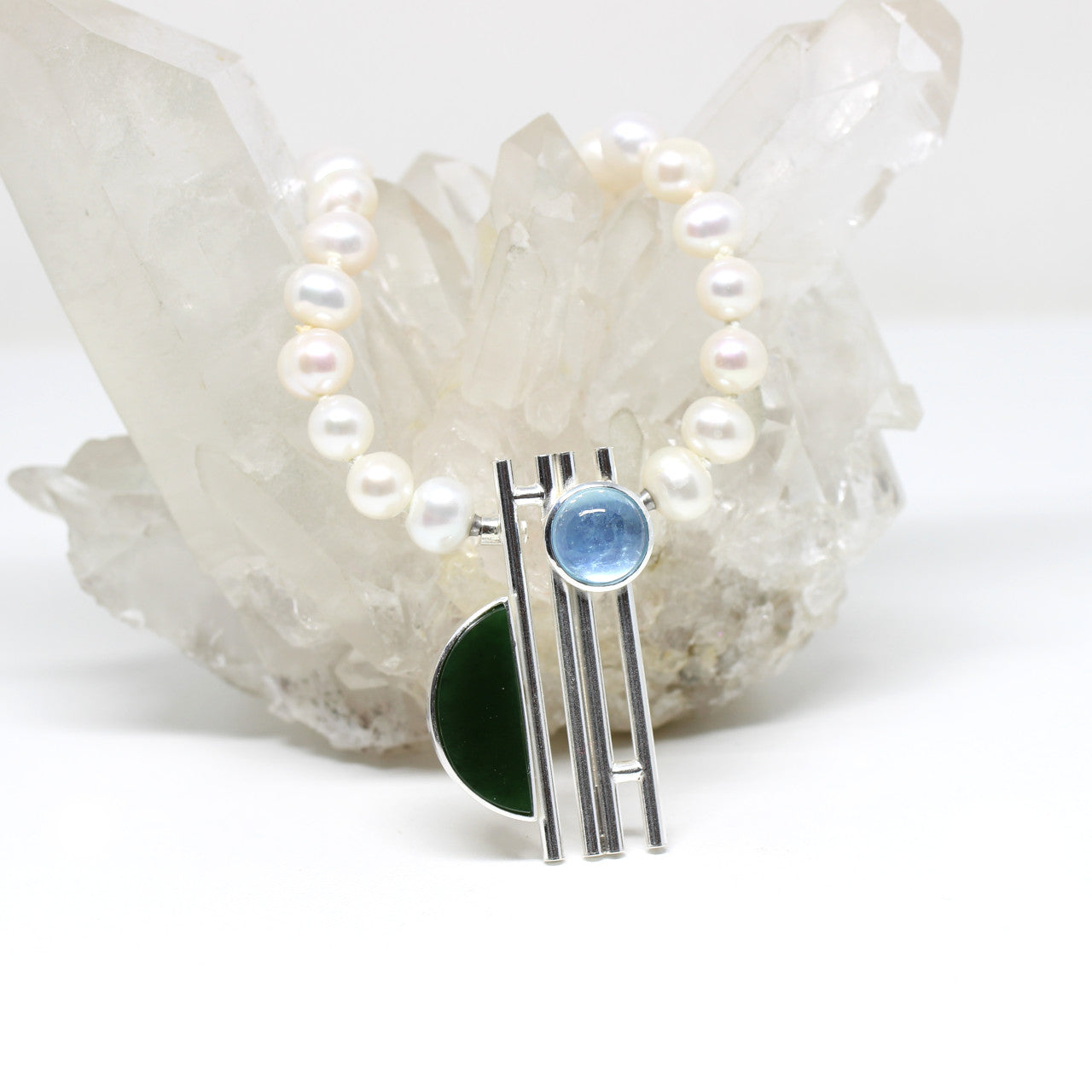 Wechselschließe in Silber mit Jade und Aquamarin